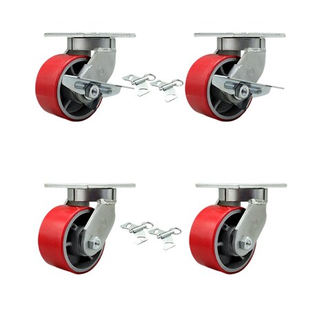 Service Caster 6'' Heavy Duty Red Poly on Cast Iron Caster Set 4 Swivel Locks 2 Brakes, 4PK CRAN-KP92S630-PUR-RS-SLB-BSL-2-BSL-2